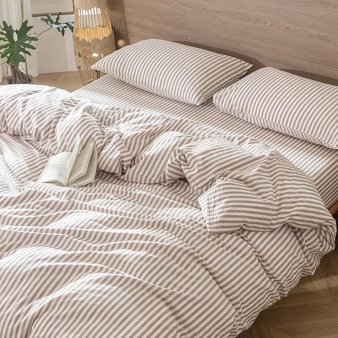 MooMee Striped Duvet Cover Set 100% Washed Cotton Linen Like Textured Breathable Durable Soft Comfy (Orange Classic Stripes, Full 80"x90")