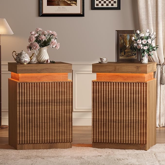Walnut Nightstand with 3 Drawers and LED Light, Mid Century Modern Fluted Night Stand with Charging Station, Bedside Table & End Table for Bedroom