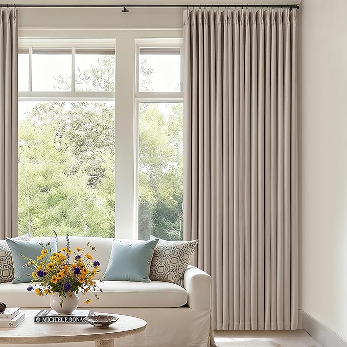 Burlywood Greige Pinch Pleated 100% Blackout Linen Curtains 86 Inch Length 2 Panels Set Pinch Pleat Curtains Black Out Light Blocking Room Darkening Drapes with Liner for Bedroom Living Room Window
