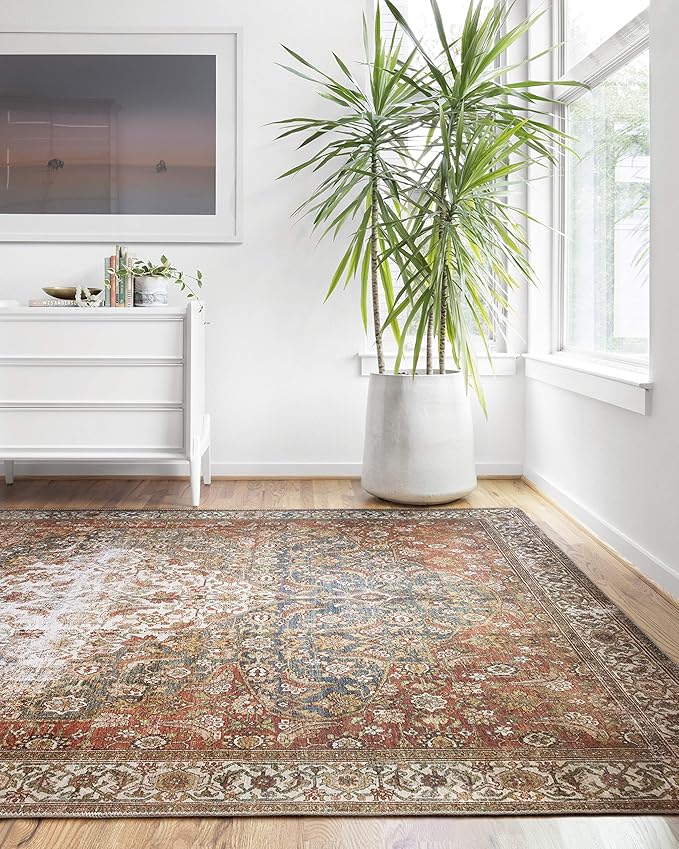 Loloi Layla Collection LAY-05 Ocean/Multi 2'-3" x 3'-9" .13" Thick Accent Rug, Soft, Durable, Vintage Inspired, Distressed, Low Pile, Non-Shedding, Easy Clean, Printed, Living Room Rug