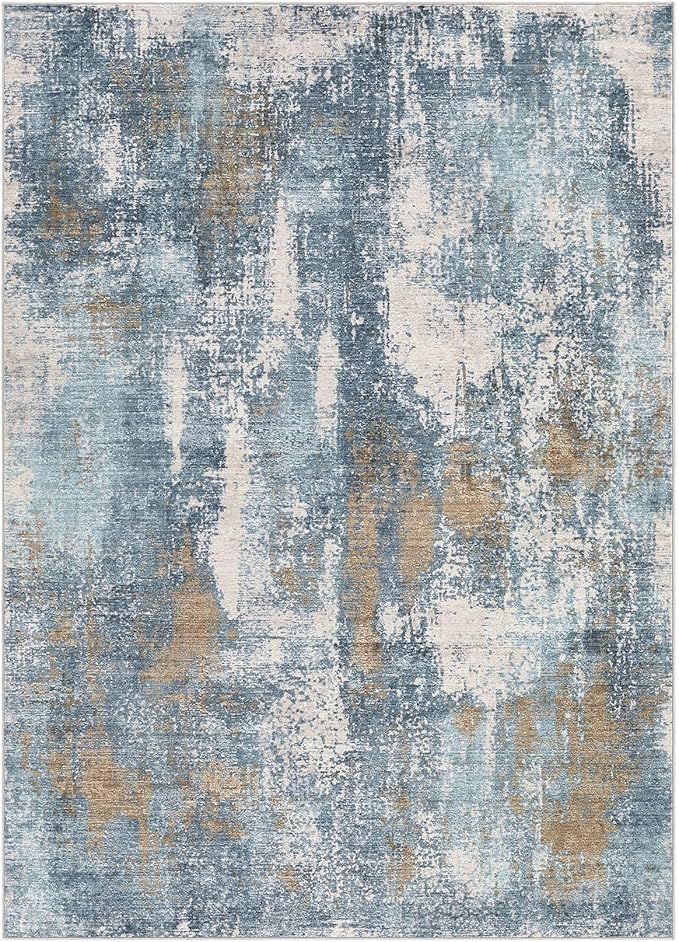 Area Rug Living Room Rugs - 6x9 Washable Soft Indoor Neutral Modern Abstract Low Pile Rug Carpet for Bedroom Dining Room Farmhouse Home Office - Blue Brown
