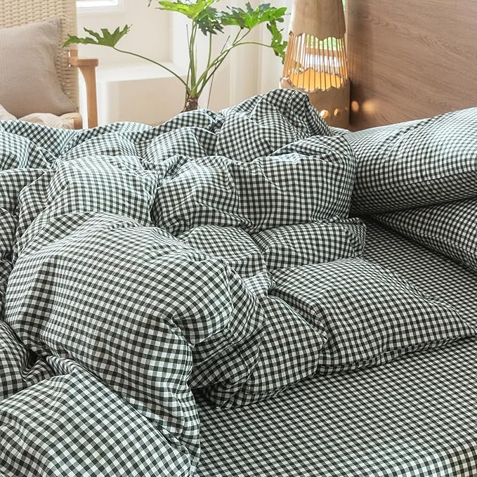 MooMee Gingham Duvet Cover Set 100% Washed Cotton Linen Like Textured Breathable Durable Soft Comfy Modern Checkered Design (Mini Gingham Forest Green, Oversized Full 82"x86")