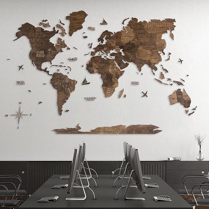 Handmade 3D Wood World Map Wall Art Large Wall Decor Track Your World Travels - Special for Home, Kitchen and Office (Walnut, Large)