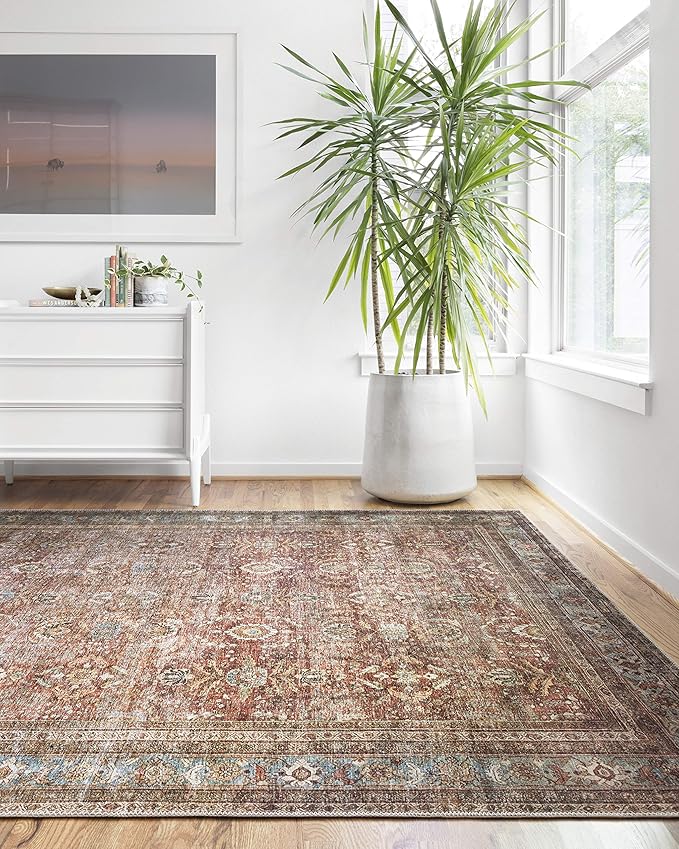 Loloi Layla Collection LAY-01 Brick/Blue 9'-0" x 12'-0" .13" Thick Area Rug, Soft, Durable, Vintage Inspired, Distressed, Low Pile, Non-Shedding, Easy Clean, Printed, Living Room Rug