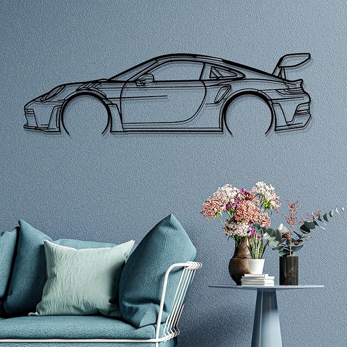 Dekory Car Wall Art – 911 GT3 RS (992) Black Metal Sports Car Silhouette, Modern Industrial Automotive Wall Decor for Garage, Living Room or Bedroom – 24 Inch (S)