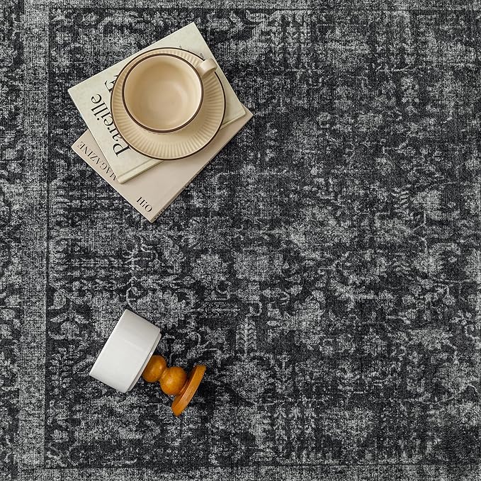 Dark Black Area Rug 6x9 Machine Washable Vintage Living Room Distressed Non Slip Carpet Traditional Indoor Bedroom Retro Floral Accent Throw Large Rug for Office Kitchen Dining Room