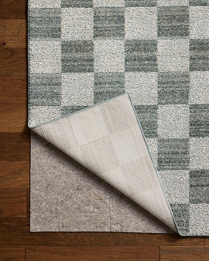 Loloi Chris Loves Julia Calvin Collection CLV-01 Blue/Ivory 7'-10" x 7'-10" Round Area Rug Checkered Neutral Soft Living Room Bedroom Carpet