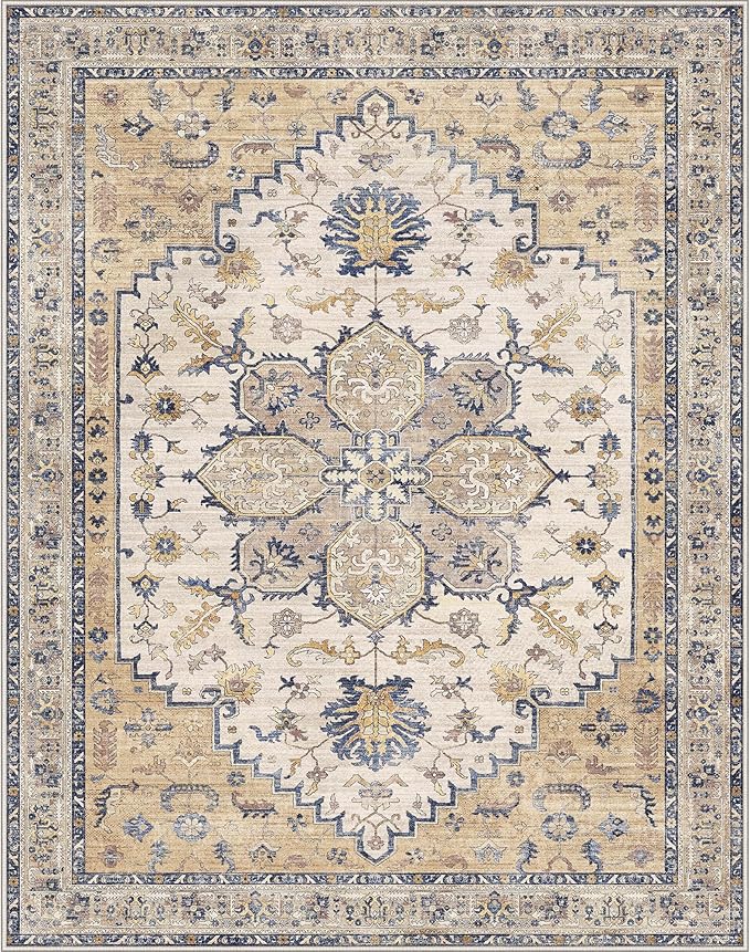 GENIMO 8X10 Area Rugs for Living Room, Machine Washable Vintage Floor Cover Foldable Modern Non Slip Rug, Low Pile Soft Indoor Carpet Floral Print Mat Rug,Bedroom/Dining Room/Home Office,Beige