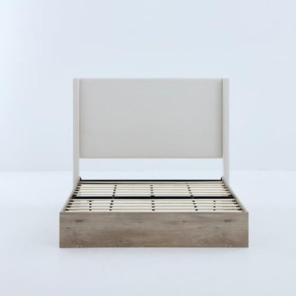 Queen Size Upholstered Bed Frame, 54" Tall Headboard Shelton Wingback Bed Frames, Wood Base Platform Beds, No Box Spring Needed No Noise, Rustic Modern Farmhouse,Textured Ivory Canvas Chenille
