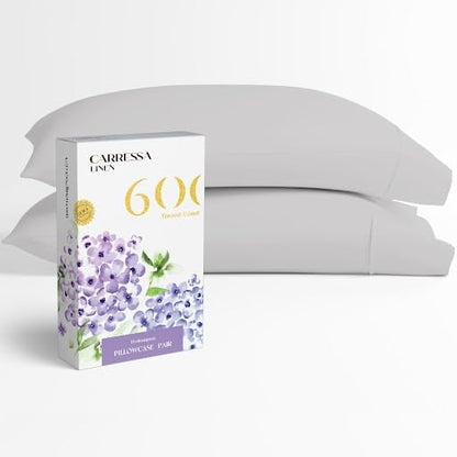 Carressa Linen 100% Egyptian Cotton Pillow Cases Queen Size Set of 2 - Luxury 600 Thread Count Silver Standard/Queen Size Pillowcases, Silky Soft, Cooling Sateen Weave Hotel Quality Bed Pillow Cover