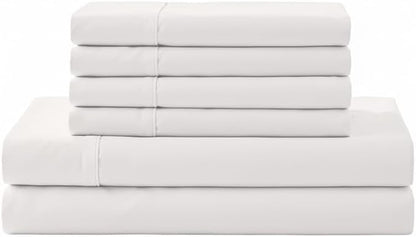 Linen Home 100% Cotton Percale Sheet Set, Full Size, Snow White, Deep Pocket, 6 Pieces Set - 1 Flat, 1 Deep Pocket Fitted Sheet and 4 Pillowcases, Crisp Cool and Strong Bed Linen