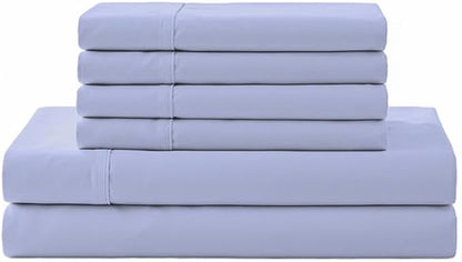 Linen Home 100% Cotton Percale Sheet Set, King Size, Baby Blue, Deep Pocket, 6 Pieces Set - 1 Flat, 1 Deep Pocket Fitted Sheet and 4 Pillowcases, Crisp Cool and Strong Bed Linen