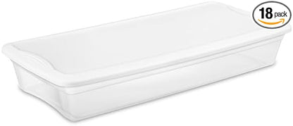 Sterilite 18 Pack Storage Box, 41 Quart Stackable Tote, Clear Plastic Container with Secure Snapping Lids for Home and Office Organization, White