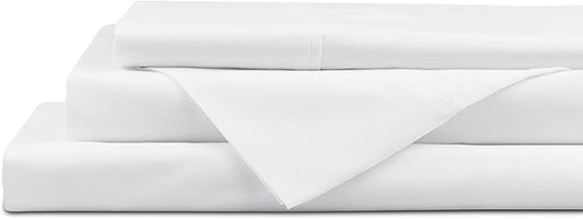 Linen Home 100% Cotton Percale Sheet Set, Twin Size, Snow White, Deep Pocket, 4 Pieces Set - 1 Flat, 1 Deep Pocket Fitted Sheet and 2 Pillowcases, Crisp Cool and Strong Bed Linen