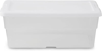 Sterilite 6 Qt Storage Box, Stackable Bin with Lid, Plastic Container to Organize Shoes and Crafts on Closet Shelves, Clear with White Lid, 1-Pack