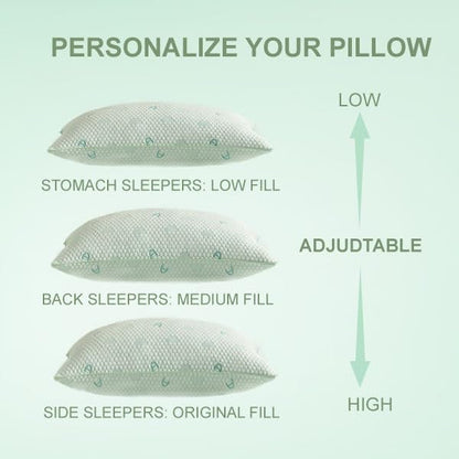 ACCURATEX Cooling Memory Foam Pillows for Sleeping King Size Set of 2, Adjustable Fluffy Pillows with Removable Cover, Cool Bed Pillow for Side Back Stomach Sleepers, Machine Washable, Green