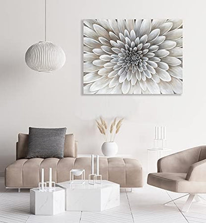 Floral Wall Art in Neutral Color Modern Canvas Decor in Glam Style Framed Artwork with Embellishment Texture Dahlia Flower Picture in White Grey Cream Hues for Office