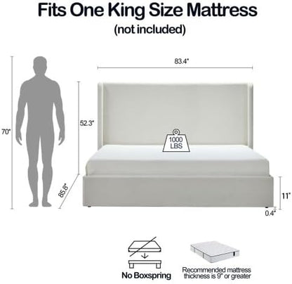 KEIKI King Bed Frame with Upholstered Wingback Headboard, Minimalist Design, No Box Spring Needed – Textured Chenille Upholstery, Ivory