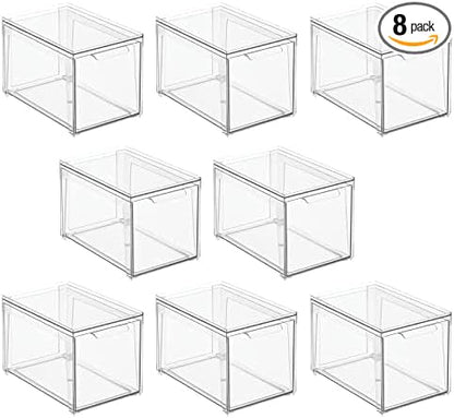 mDesign Plastic Stackable Bathroom Storage with Pull Out Bin Organizer Drawer for Cabinet, Vanity, Shelf, Cupboard, Cabinet, or Closet Organization - Lumiere Collection - 8 Pack - Clear