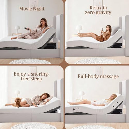 Queen Size Adjustable Bed Frame Base, Caron Electric Bed Base with Head and Foot Incline, Zero Gravity, Massage, App and Wireless Remote, No-Noise, Easy Assembly, Gray