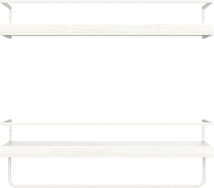 Shario Floating Shelves - Set of 2, Wall Mounted Hanging Shelves with White Towel Rack, Decorative Storage Shelves for Bathroom, Kitchen, Living Room & Bedroom (Rustic White)