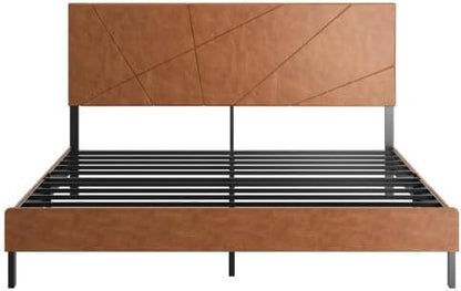 Upholstered King Size Platform Bed Frame with Faux Leather Padded Headboard, Sturdy Metal Slats Support, No Box Spring Needed, Vintage Brown