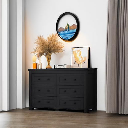 Dresser for Bedroom with 6 Drawers, Farmhouse Wood Chest of Drawers, Wide TV Stand Closet Storage Furniture with Metal Handle, Modern Clothes Organizer for Hallway, Living Room, Entryway, Black
