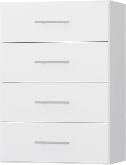 4 Drawer Short Tower, Modular Wood Closet System Organizer with Storage, Clothing Rack for Hanging Clothes, White, 25.5"W