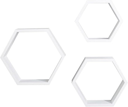 AHDECOR Hexagon Floating Shelves, Set of 3 White Hexagon Wall Shelves | Modern Honeycomb Floating Shelves for Living Room, Bedroom, Office | Hexagonal Wall Organizer Hanging Shelf