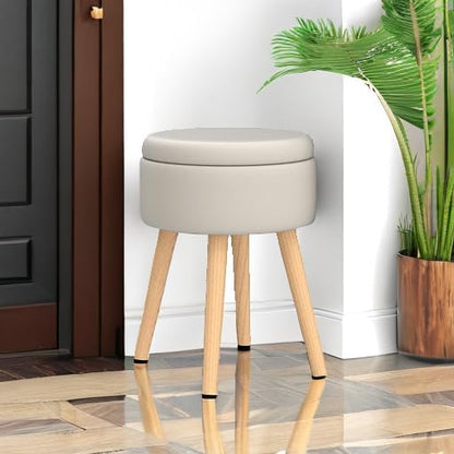 Mxfurhawa Storage Ottoman Linen Round Vanity Stool Tray Top Modern Foot Stool with Wood Legs Multifunctional Upholstered Foot Ottoman Rest for Living Room, Bathroom, Makeup (White)