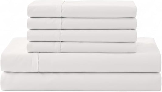 Linen Home 100% Cotton Percale Sheet Set, King Size, White, Deep Pocket, 6 Pieces Set - 1 Flat, 1 Deep Pocket Fitted Sheet and 4 Pillowcases, Crisp Cool and Strong Bed Linen