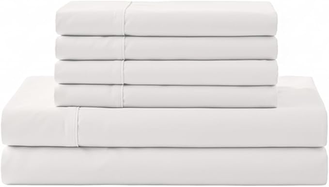Linen Home 100% Cotton Percale Sheet Set, Queen Size, White, Deep Pocket, 6 Pieces Set - 1 Flat, 1 Deep Pocket Fitted Sheet and 4 Pillowcases, Crisp Cool and Strong Bed Linen