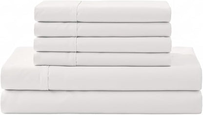 Linen Home 100% Cotton Percale Sheet Set, Cal King Size, White, Deep Pocket, 6 Pieces Set - 1 Flat, 1 Deep Pocket Fitted Sheet and 4 Pillowcases, Crisp Cool and Strong Bed Linen