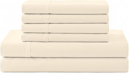 Linen Home 100% Cotton Percale Sheet Set, Full Size, Ivory, Deep Pocket, 6 Pieces Set - 1 Flat, 1 Deep Pocket Fitted Sheet and 4 Pillowcases, Crisp Cool and Strong Bed Linen