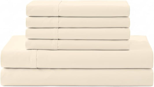 Linen Home 100% Cotton Percale Sheet Set, Full Size, Ivory, Deep Pocket, 6 Pieces Set - 1 Flat, 1 Deep Pocket Fitted Sheet and 4 Pillowcases, Crisp Cool and Strong Bed Linen