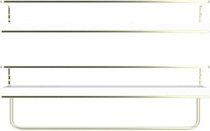 Shario White Floating Shelves - Set of 2, Wall Mounted Hanging Shelves with Golden Towel Rack, Decorative Storage Shelves for Bathroom, Kitchen, Living Room & Bedroom (White Gold, 15.7 Inches) | Hanging Shelves, for Bathroom, Kitchen, Living Room, Bedroom