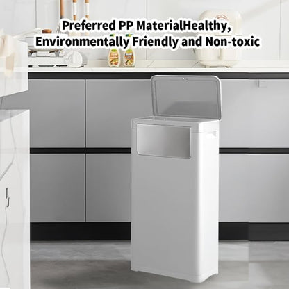 WanWanKa Bathroom Trash Can with Lid,Slim 6 Gallon Commercial Lagre Trash Bin, Tall Skinny Waste Bin with Press Top Lid, Narrow Garbage can for Kitchen,Living Room,Ofice,Laundary Room,Bedroom White