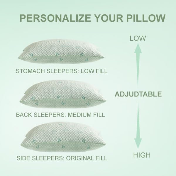 ACCURATEX Cooling Memory Foam Pillows for Sleeping Queen Size Set of 2, Adjustable Fluffy Pillows with Removable Cover, Cool Bed Pillow for Side Back Stomach Sleepers, Machine Washable, Green