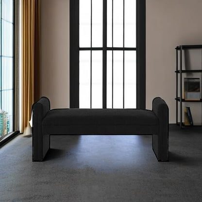 24KF Modern Upholstered Bed Bench Covered with Soft Boucle Teddy Fabric, Lovely Entryway Bench Ottoman with Armrest, 5062-Black
