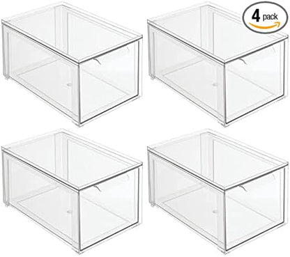 mDesign Plastic Stackable Bathroom Storage with Pull Out Bin Organizer Drawer for Cabinet, Vanity, Shelf, Cupboard, Cabinet, or Closet Organization - Lumiere Collection - 4 Pack - Clear