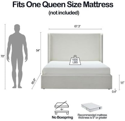 KEIKI Queen Bed Frame with Upholstered Wingback Headboard, Tufted Chenille Platform Bed, No Box Spring Needed, Ivory