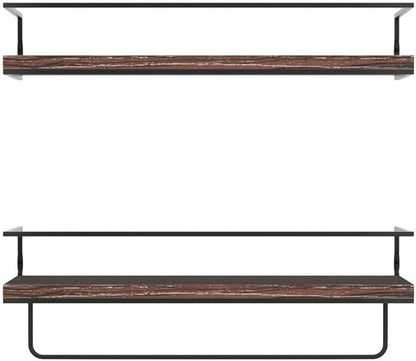 Shario Rustic Wood Floating Shelves - Set of 2, Wall Mounted Hanging Shelves with Black Towel Rack, Decorative Storage Shelves for Bathroom, Kitchen, Living Room & Bedroom (Dark Carbonized Brown)