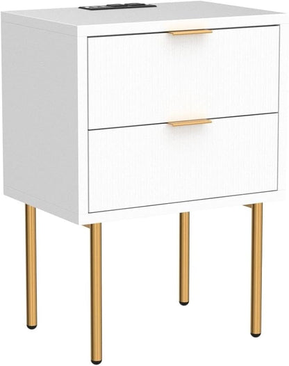Masupu Nightstand with Charging Station,Mid-Century Modern Bedside Table with 2 Storage Drawer,Small Gold Frame Side End Table for Bedroom,Living Room (White)