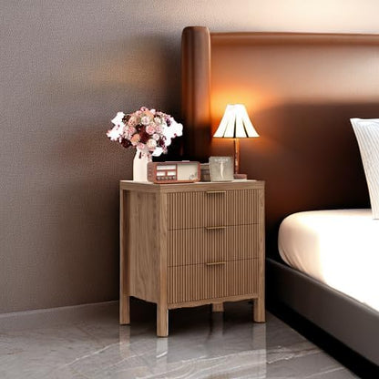 End Table with Storage, Wooden Farmhouse Nightstands with 3 Drawers, Bedside Table - Boho Tall Side Table Accent for Bedroom, Living Room, Walnut