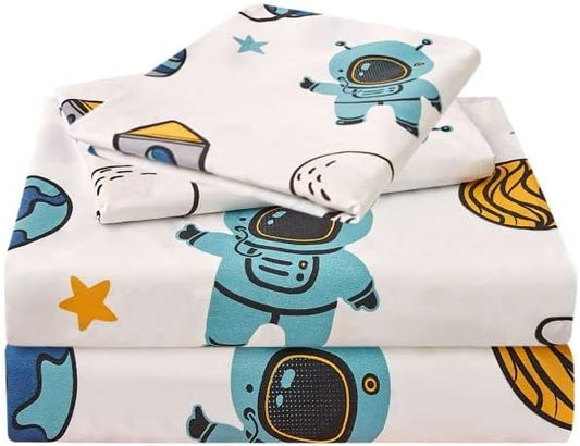 JSD Blue Astronaut Kids Sheet Set Full Size, 4 Piece Space Rocket Printed Microfiber Bed Sheets Deep Pocket