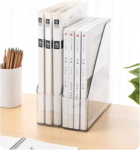 ICCGBHGO Magazine Holder, Clear Plastic Vertical File Magazine Organizer, Desktop File Magazine Book Storage Shelf for Office Desk(2PCS)