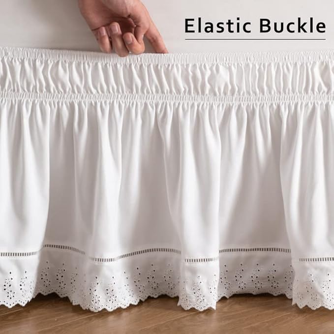 MIYE Wrap Around Ruffled Lace Bed Skirt, Elastic Dust Ruffle with Adjustable Belts, Easy to Put On, Bed Frame Cover, Machine Washable (Embroidered/White, Full/Twin-22 Drop)