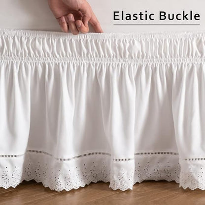 MIYE Wrap Around Ruffled Lace Bed Skirt, Elastic Dust Ruffle with Adjustable Belts, Easy to Put On, Bed Frame Cover, Machine Washable (Embroidered/White, King/Queen-22 Drop)
