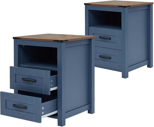 Blue Rustic Night Stand Set of 2, Farmhouse End Table, Modern Bedside Table with 2 Storage Drawers and Open Shelf, Tall Nightstand for Bedroom