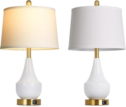 Modern White Table Lamp Set of 2, 24" Ceramic Table Lamp with USB A+C Ports,Classic Beside Lamps Nightstand Lamp Modern Lamp for Living Room, Bedroom & Office -LED Bulbs Included